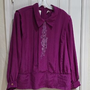 Andrea Gayle Vintage Elegant Purple Women's Top Pleated And Embroidered Size 22